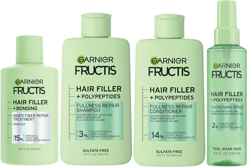 Pre-Shampoo Garnier Fructis Hair Filler Bonding + Champú de Reparación de Plenitud, Acondicionador + Set de Spray Espesante con Polipéptidos (4 Artículos), 1 Kit