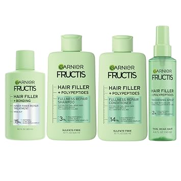 Garnier Fructis Hair Filler Bonding Pre-Shampoo + Fullness Repair Shampoo, Conditioner + Thickeing Spray Set with Polypeptides 4 Items, 1 Kit