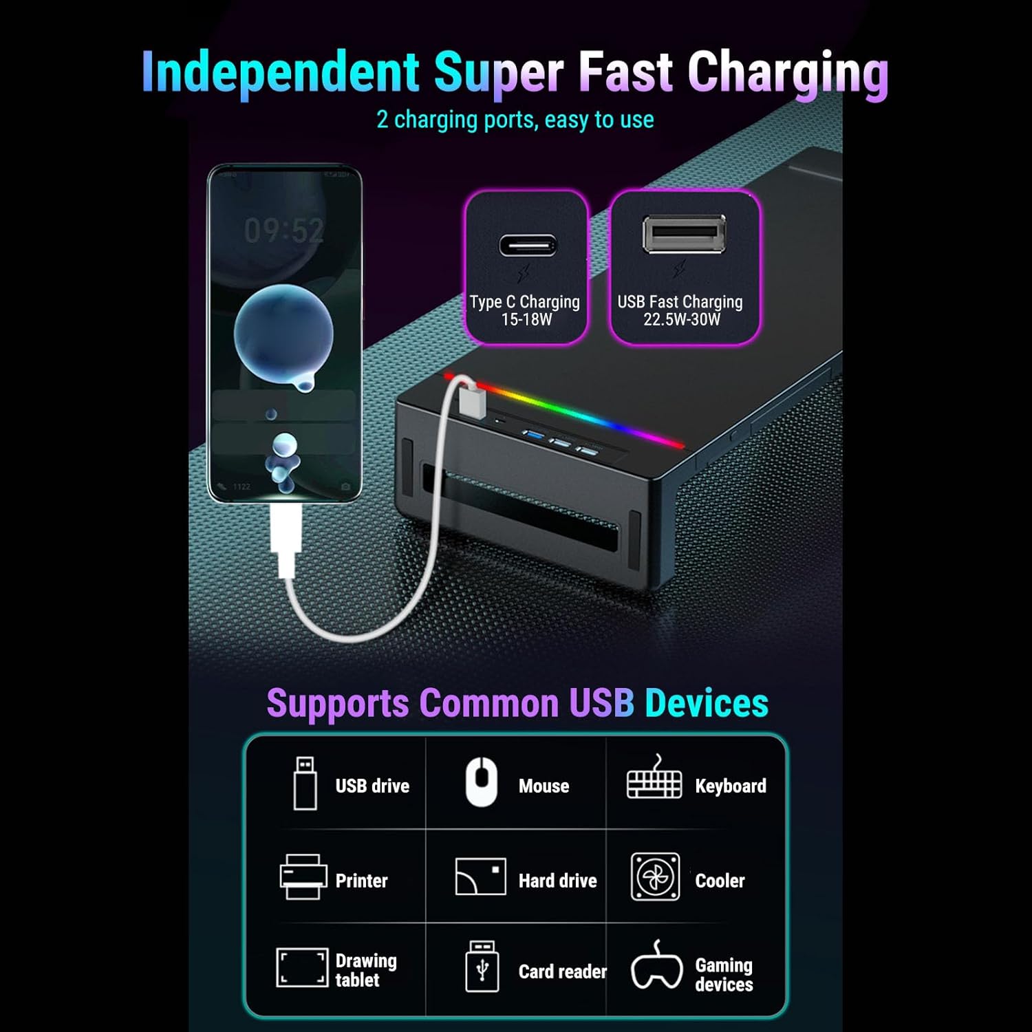 Yunseity Monitor Stand with 4 USB Ports, Height Adjustable Monitor Riser with Phone Charger, USB Ports Hub and Drawer Storage, RGB Lighting Desktop Organizer for Laptop TV Speaker
