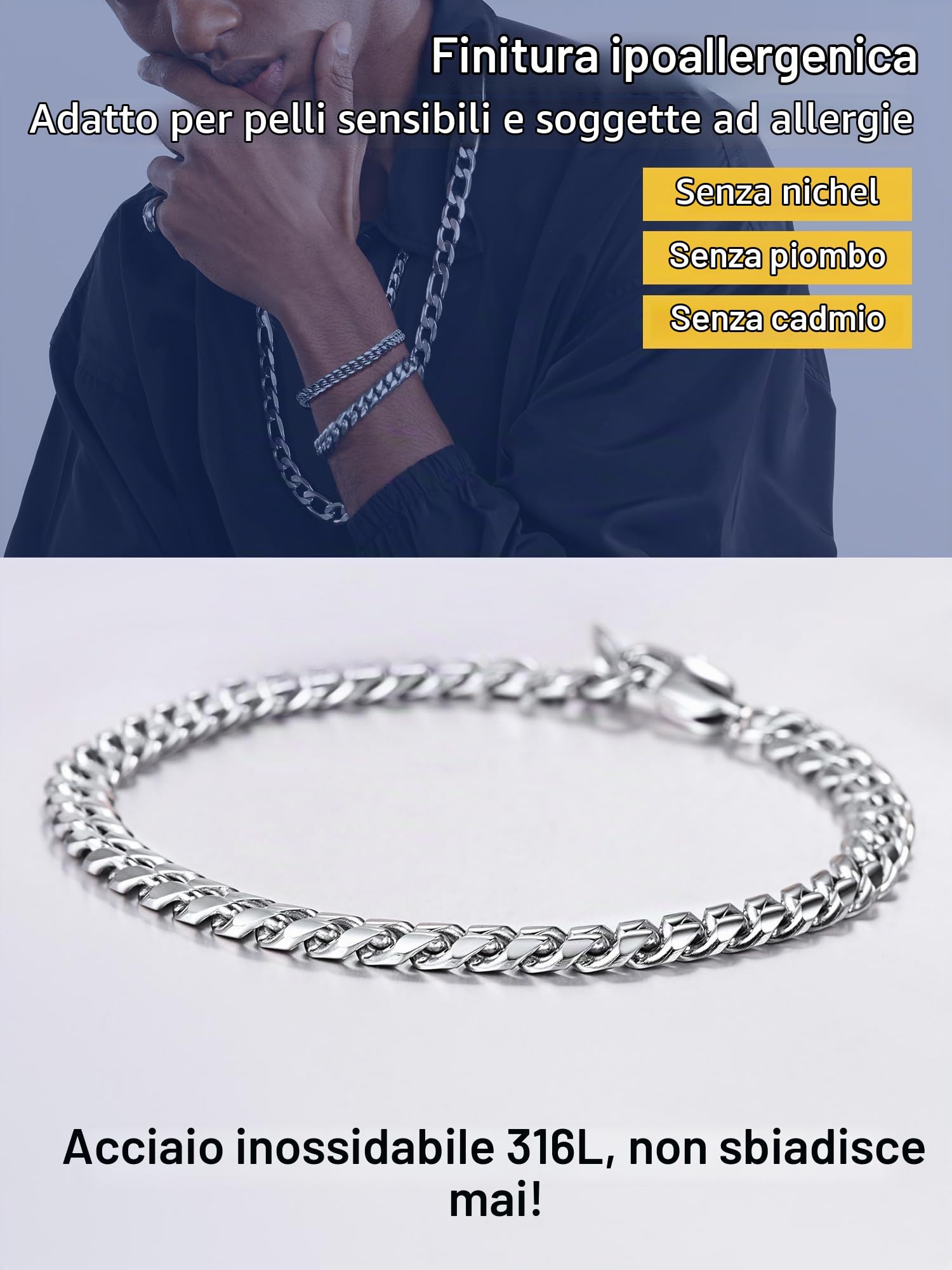 PROSTEEL Bracciale Uomo, Argento Nero Oro, Acciaio Inox Impermeabile,Catena Cubana Robusta Grossa, Hip Hop Punk