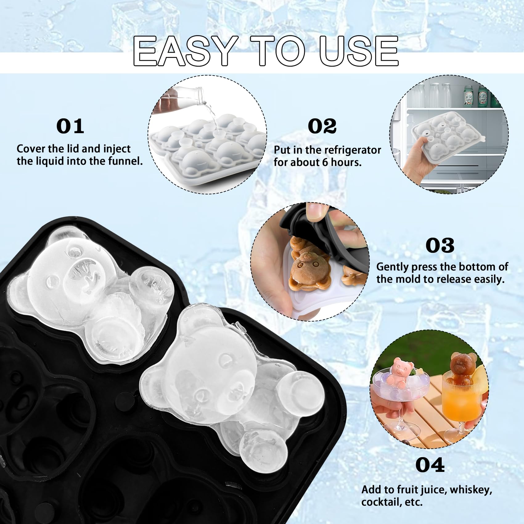 Molde para cubitos de hielo con diseño de oso 3D, bandeja grande para cubitos de hielo con tapa para cóctel, whisky, bourbon, bandejas de cubitos de hielo para congelador, moldes de hielo grandes, 4