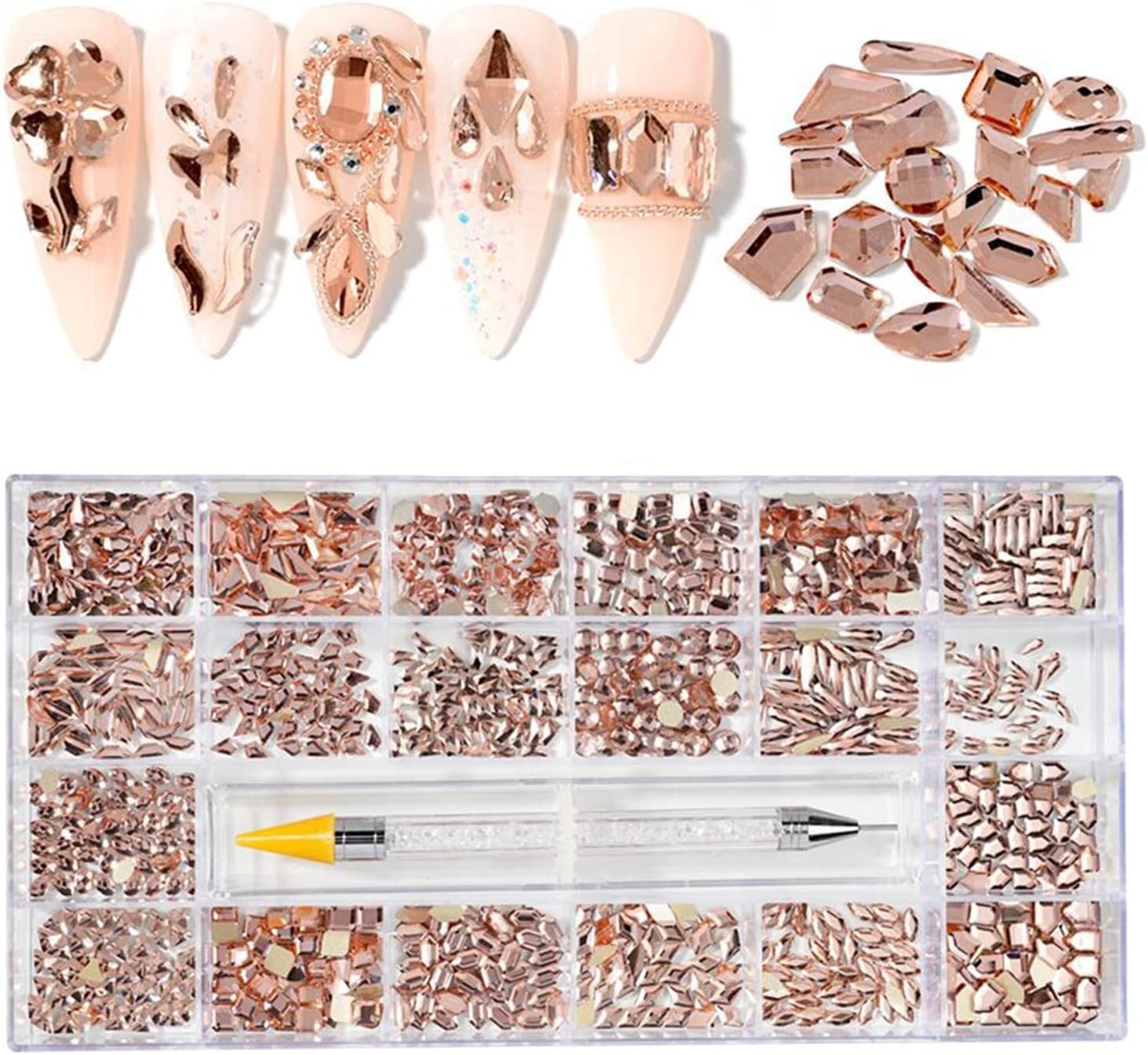 yaoqijie Non-Hotfix Flat Back Rose Gold Rhinestones&1 Pickup Pen in Storage Box 20 Shapes Light Champagne Nail Art Crystals Stones Lasting (Color : 1)