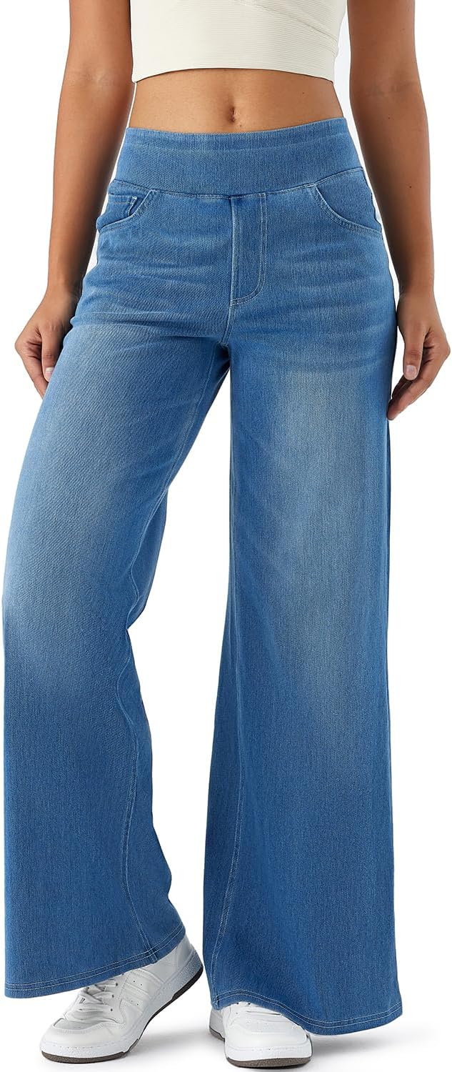Women's High Rise Wide Leg Jeggings - Stretch Pull On Jeans-Style Pants, Soft Denim with Pockets