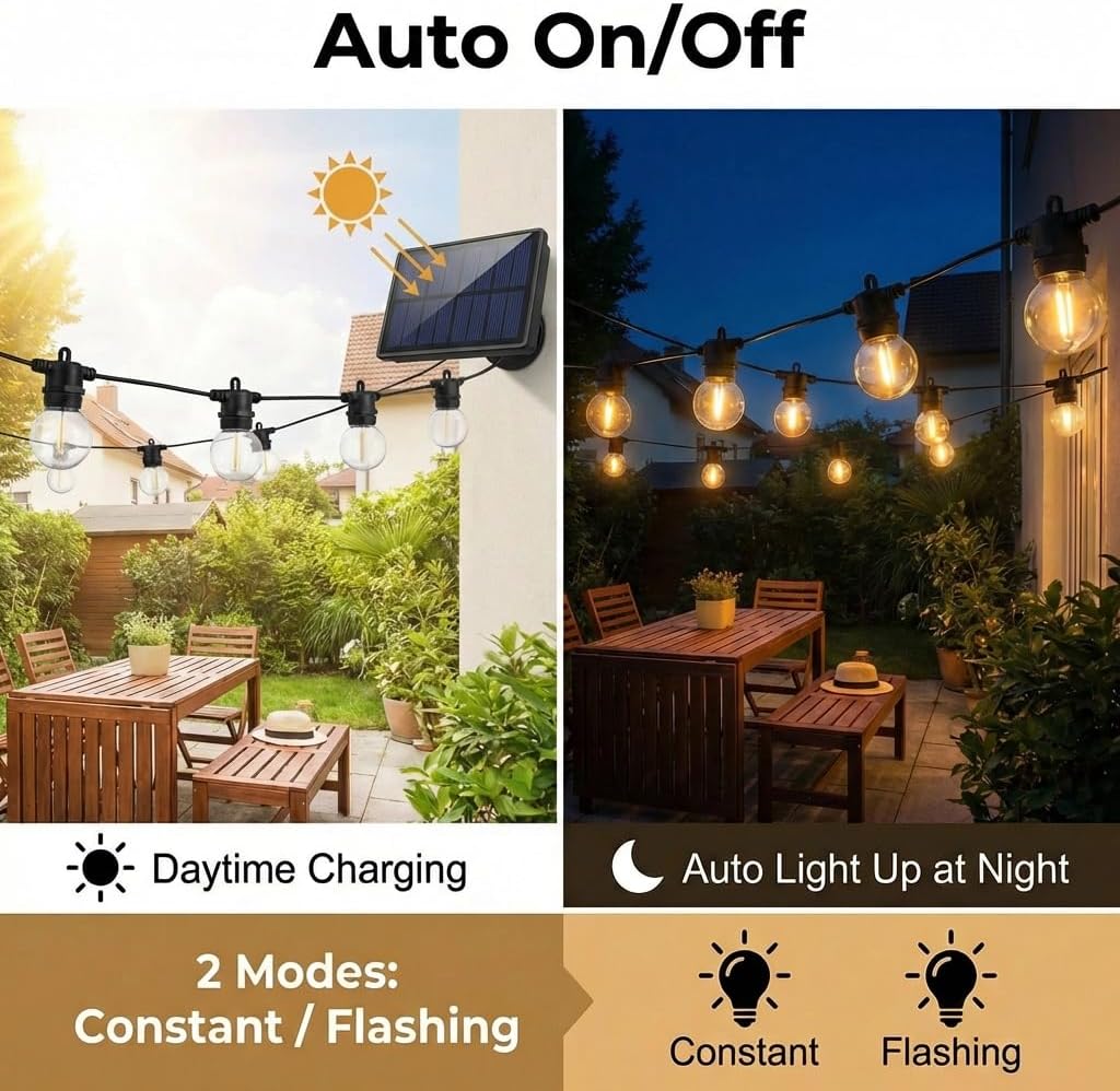 Solar String Lights Outdoor Waterproof, 21FT G50 LED Shatterproof Bulbs with Upgraded Solar Panel, 1800mAh Battery Fast Charging, IP65 All-Weather for Patio Backyard Porch Wedding Camping Decor