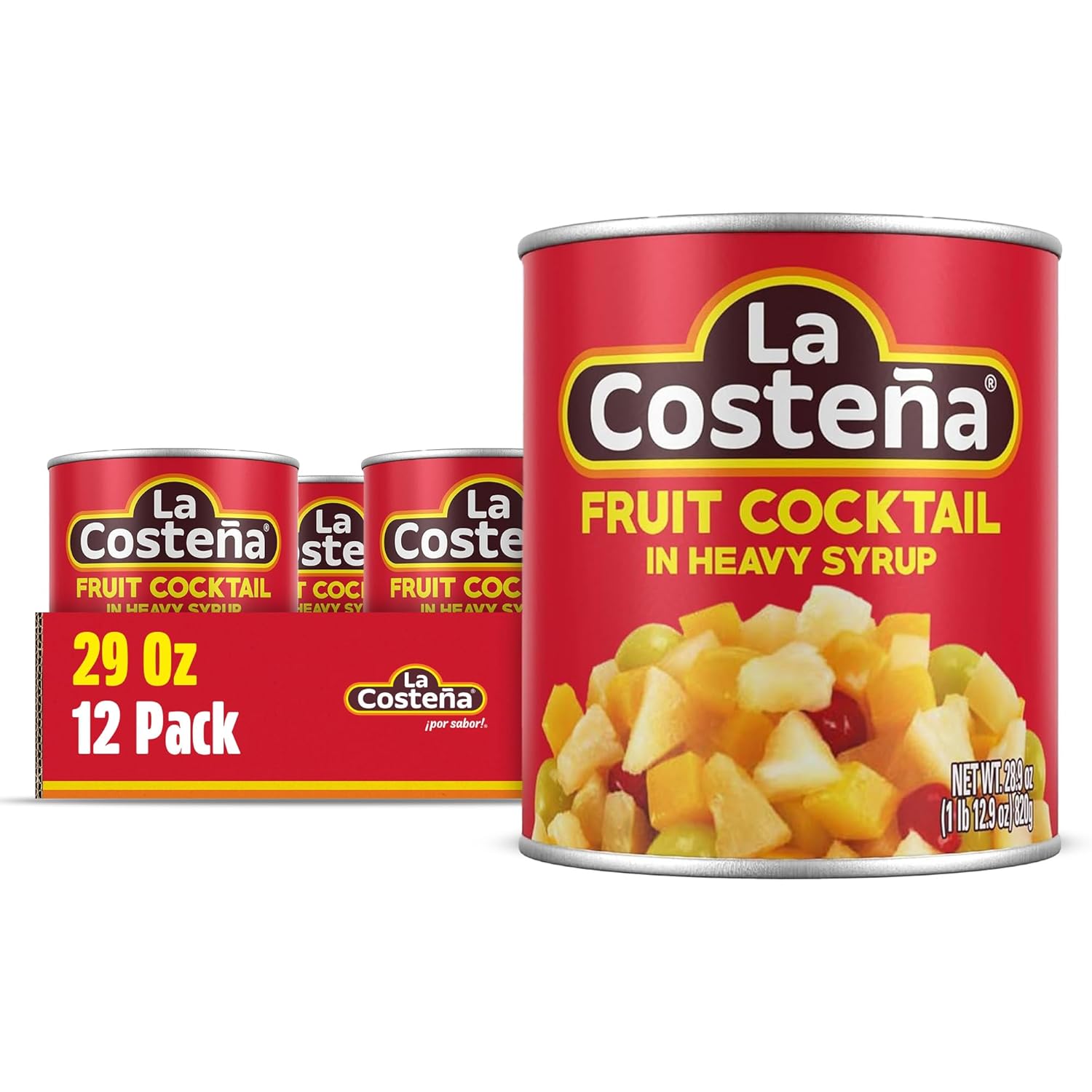 La Costeña Canned Fruit Cocktail in Heavy Syrup - Tropical Mixed Fruit with Canned Pineapple Chunks, Diced Pears, Peach Slices, Cocktail Cherry & Grapes - Bulk Pantry Food - 29 oz 12 Pack