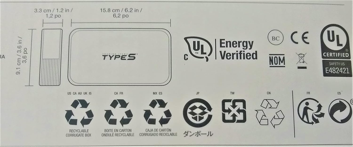 Back view of the TYPE S Dynamic Light DL10 Jump Starter product packaging showing dimensions and certifications.