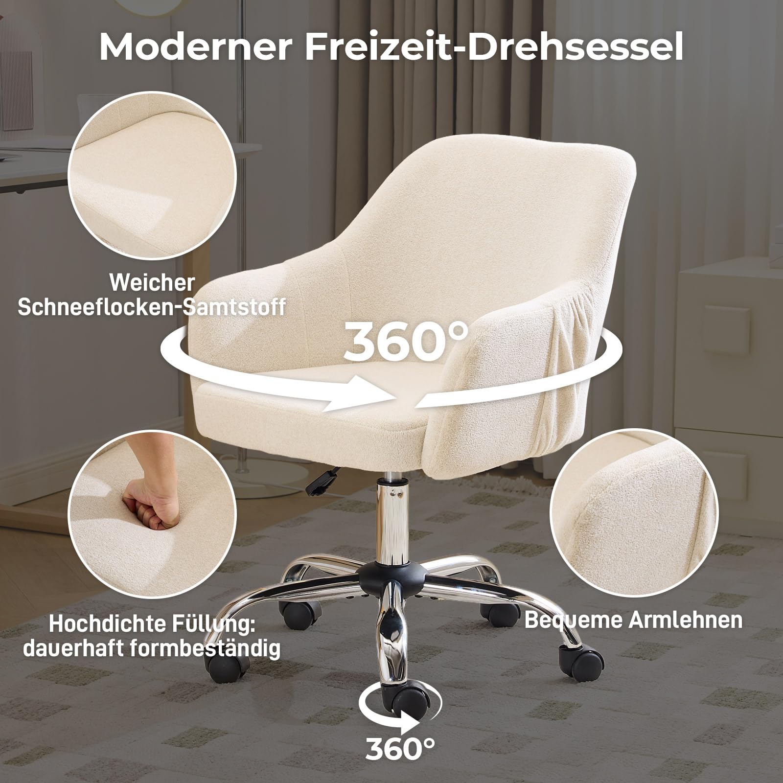 LEADZM Schreibtischstuhl, Bürostuhl, Drehstuhl, Sessel, Weiß | Homeoffice Stuhl, höhenverstellbar, Snowflake Velvet, für Arbeitszimmer, Schlafzimmer
