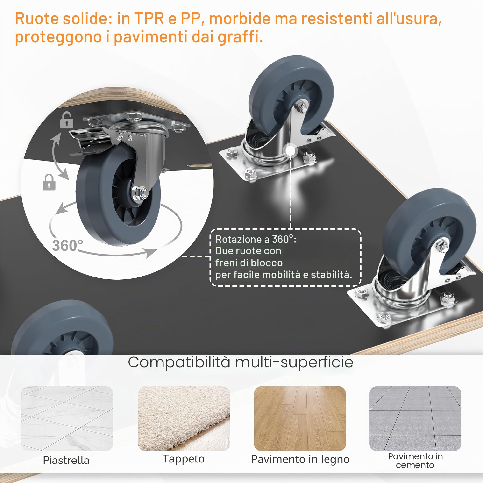HENGMEI Carrello per il trasporto, 2 pezzi, con 2 freni di stazionamento, ruote in legno, per mobili, trasporto di mobili, 200 kg, portata per piattaforma con rullo a 360°, 600 x 400 x 145 mm