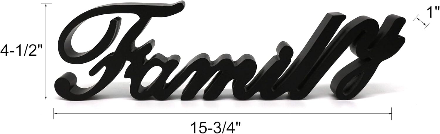 CVHOMEDECO. Matt Black Wooden Words Sign Free Standing "Family" Tabletop/Shelf/Home Wall/Office Decoration Art, 15-3/4 x 4-1/2 x 1 Inch