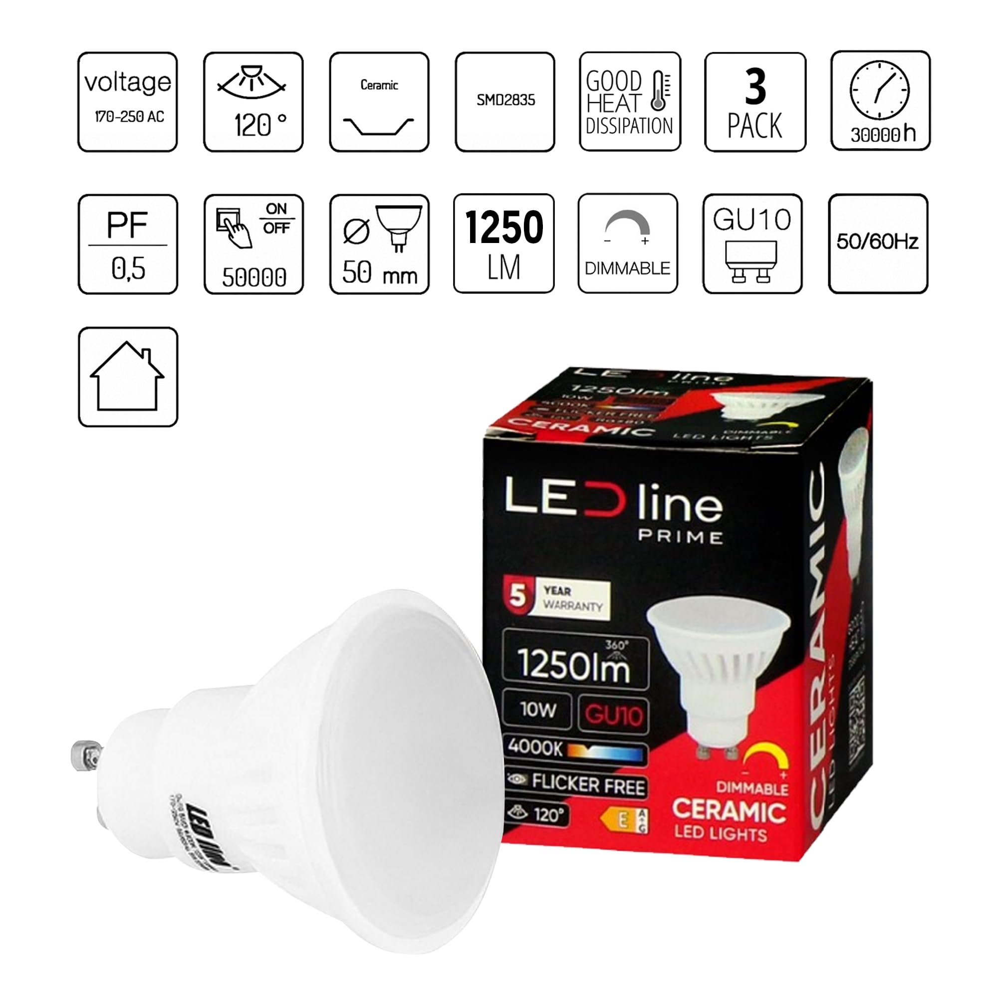 LED line Leuchtmittel GU10, dimmbar, 1250 lm, 2700 K, 230 V, 10 W (entspricht 120 W Halogenlampe), 120 ° Winkel, 3 Stück (Weiß)