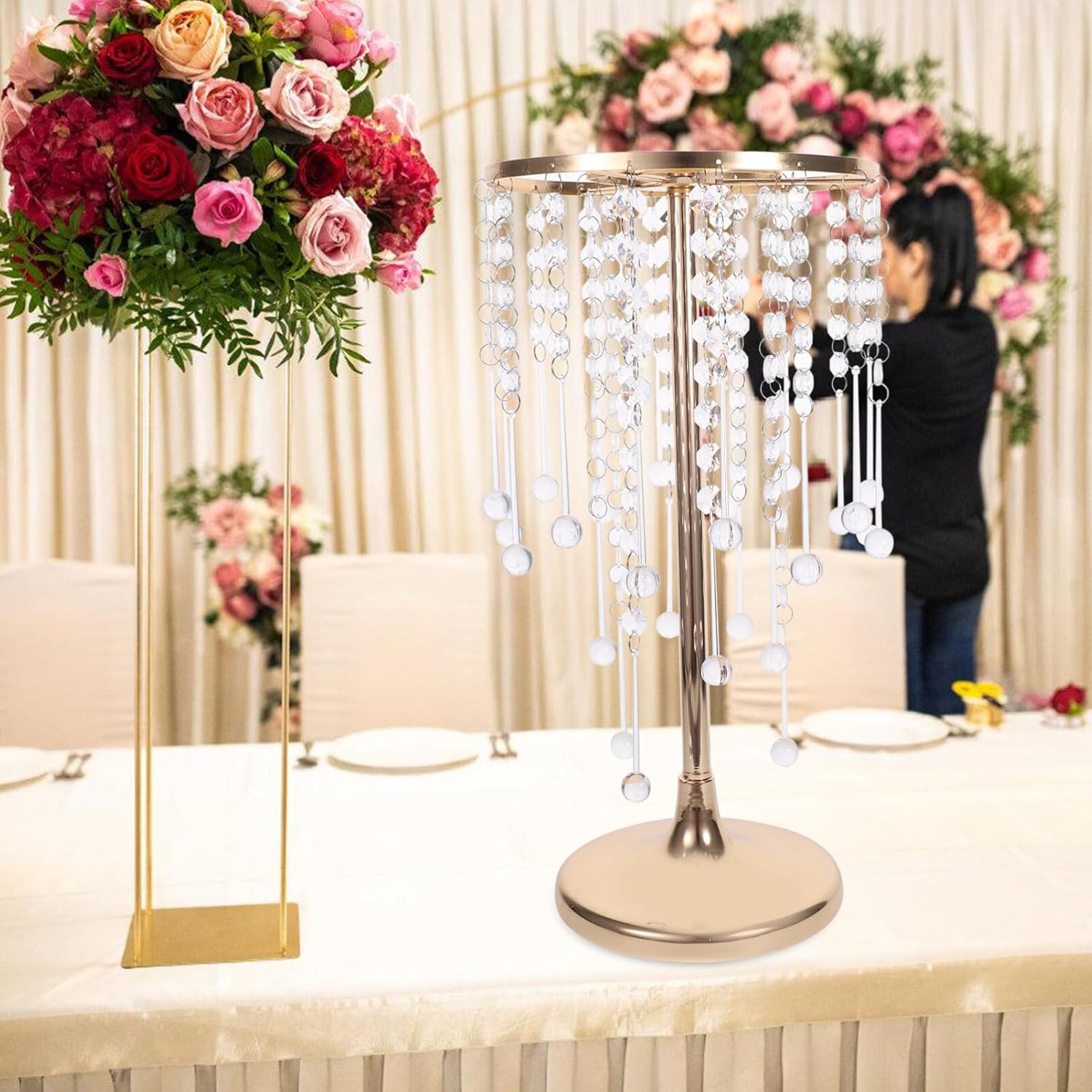 VOSAREA Wedding Metal Flower Stand with Chandelier Crystals Elegant Centerpiece Decoration Vase for Floral Arrangements for Weddings Parties and Home Decor Height