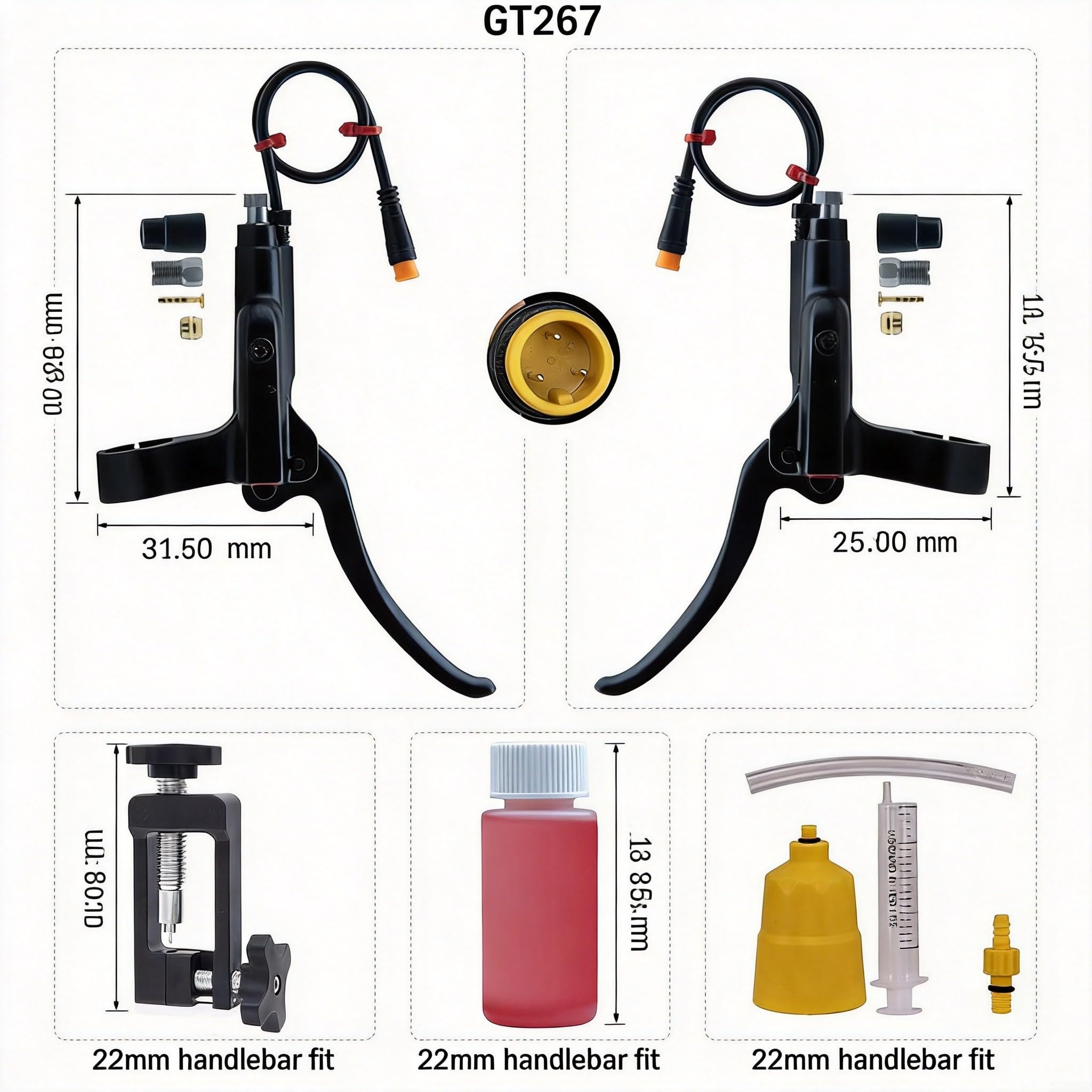 GT267 - Leva del freno idraulico per E-bike, kit di installazione del freno Ebike, con struttura integrata del cilindro dell'olio a 3 poli e attacco manubrio da 22 mm