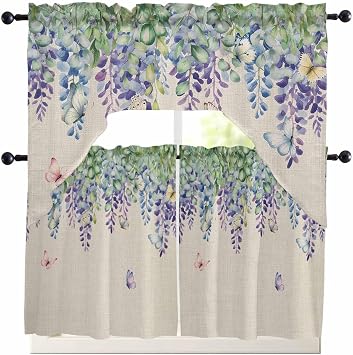 Wisteria Swag Kitchen Curtain Sets with Valance, 3 Pieces Purple Flowers Leaves Butterflies Plants Spring Beige Curtain Drapes Rod Pocket for Bedroom Living Room Windows, 56"x36" & 24"x27.5"x2Panels