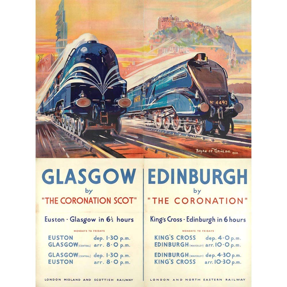 Wee Blue Coo Travel Rail Train Glasgow Edinburgh Scotland Transport Castle Art Print Poster Wall Decor 12X16 Inch