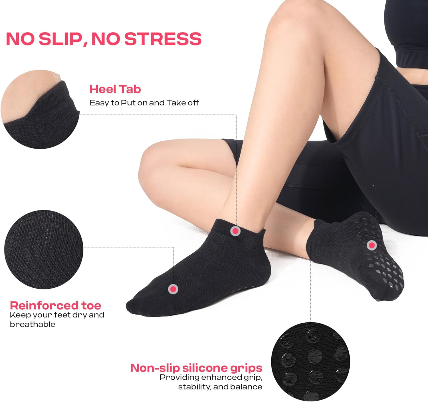 CoolMate Pilates Socks with Grips for Women, Yoga Socks, Crew Non Slip Women for Barre, Valentines Day Gifts for Her - Image 3