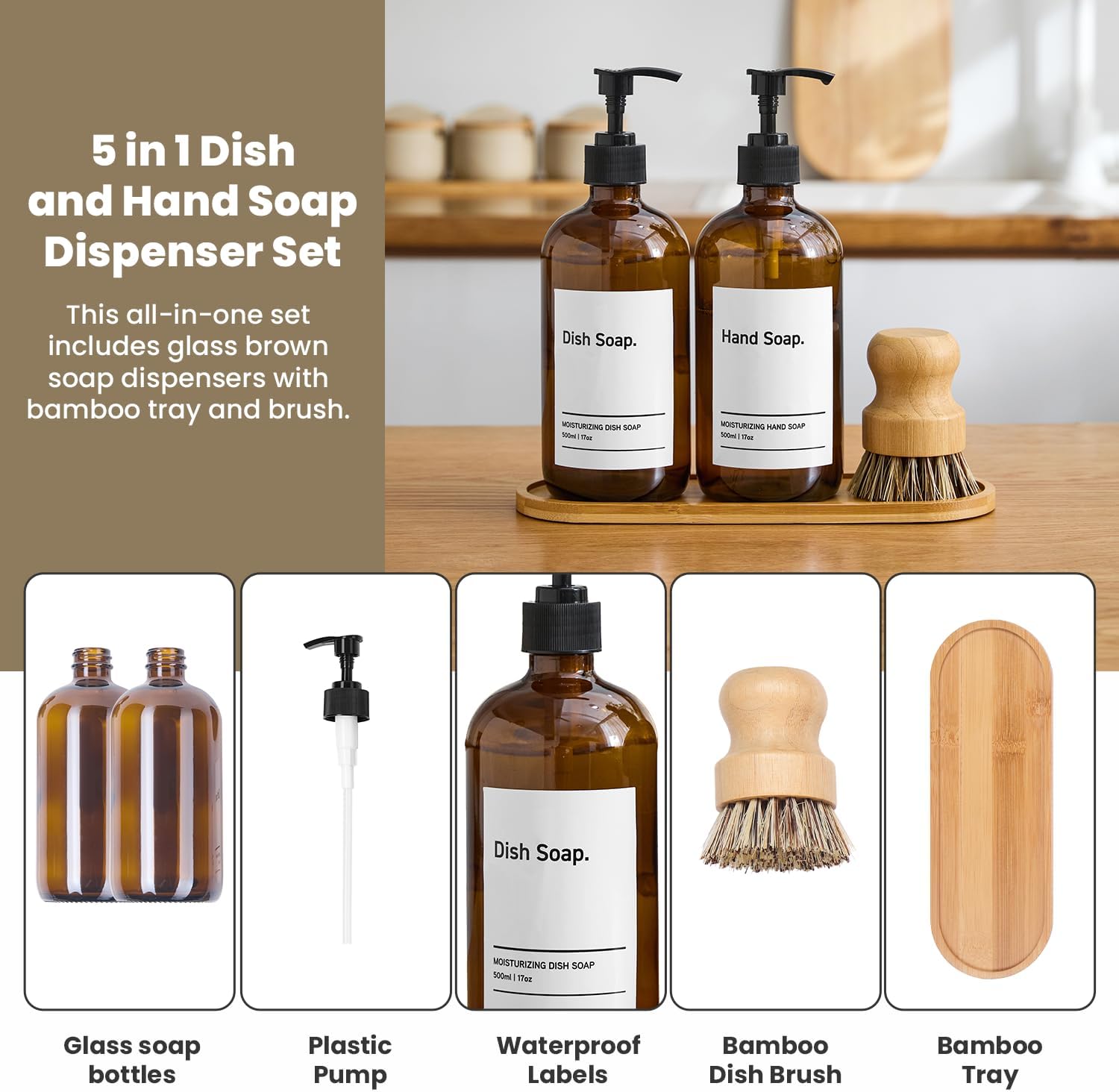 SIDIQI Design Glass Soap Dispenser Set of 2 with Plastic Pumps, Bamboo Tray, Brush & Labels - Ideal for Bathroom & Kitchen Countertop - 500ml/17 Oz