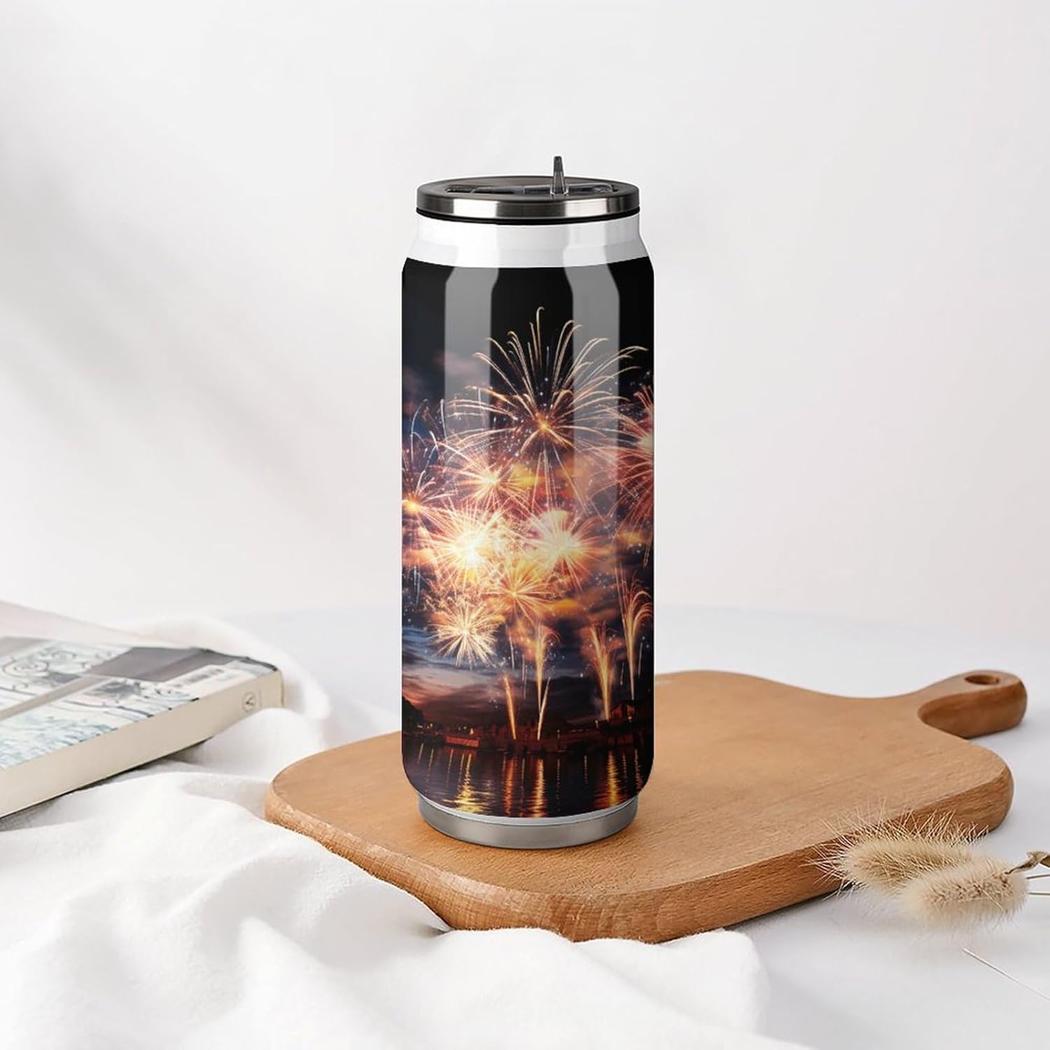 Stainless Steel Cups Beautiful Fireworks Printed Coke Cup Stainless Steel Insulated Cups with Lid And Straw