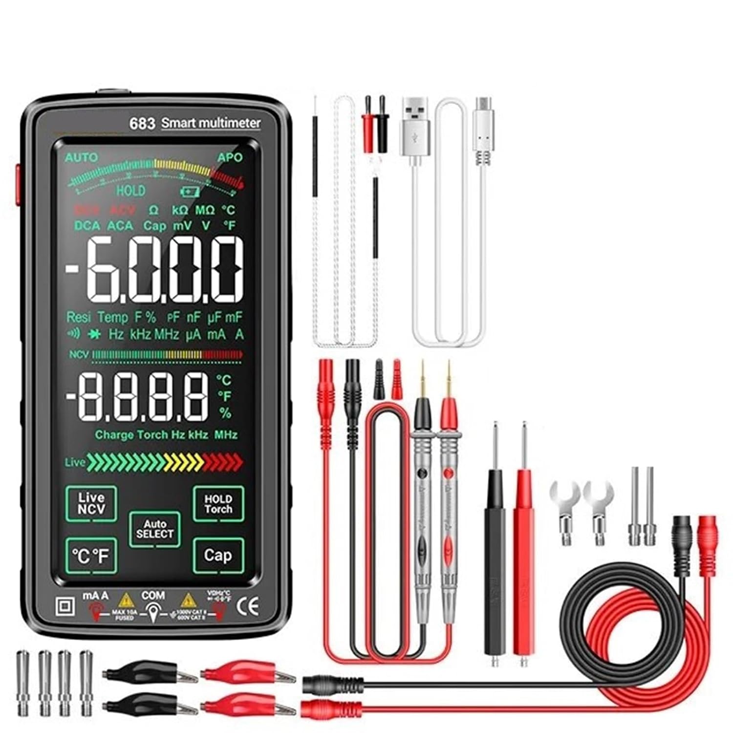 683 6000 Counts Professional Multimeter AC/DC Voltage Test Current Ammeter Smart Touch Screen Multimeter NCV Diode Test(683 Black pro)