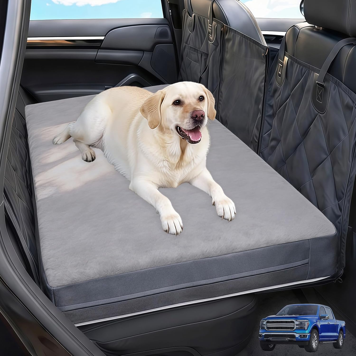 Backseat Dog Bed, Dog Bed for Car Back Seat, 4in Orthopedic Egg Crate Foam Pet Bed with Reversible Plush & Faux Leather for Backseat Extender – Waterproof, Stable Fit, Washable (58″x27.5″, Gray)
