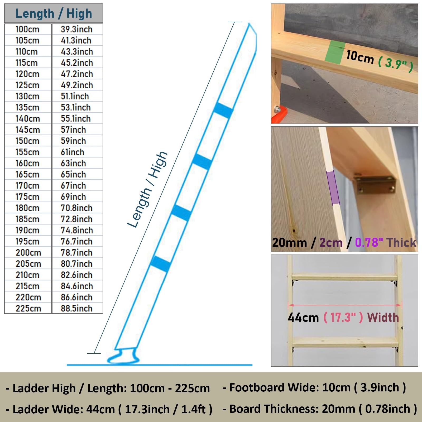 Scala per Letto a Castello con gradini Larghi 3,9" e Ganci, staffe e Piedini in Gomma, Scala di Ricambio Leggera, Scala in Legno per Letto a soppalco Matrimoniale per dormitorio, Camper, Cam