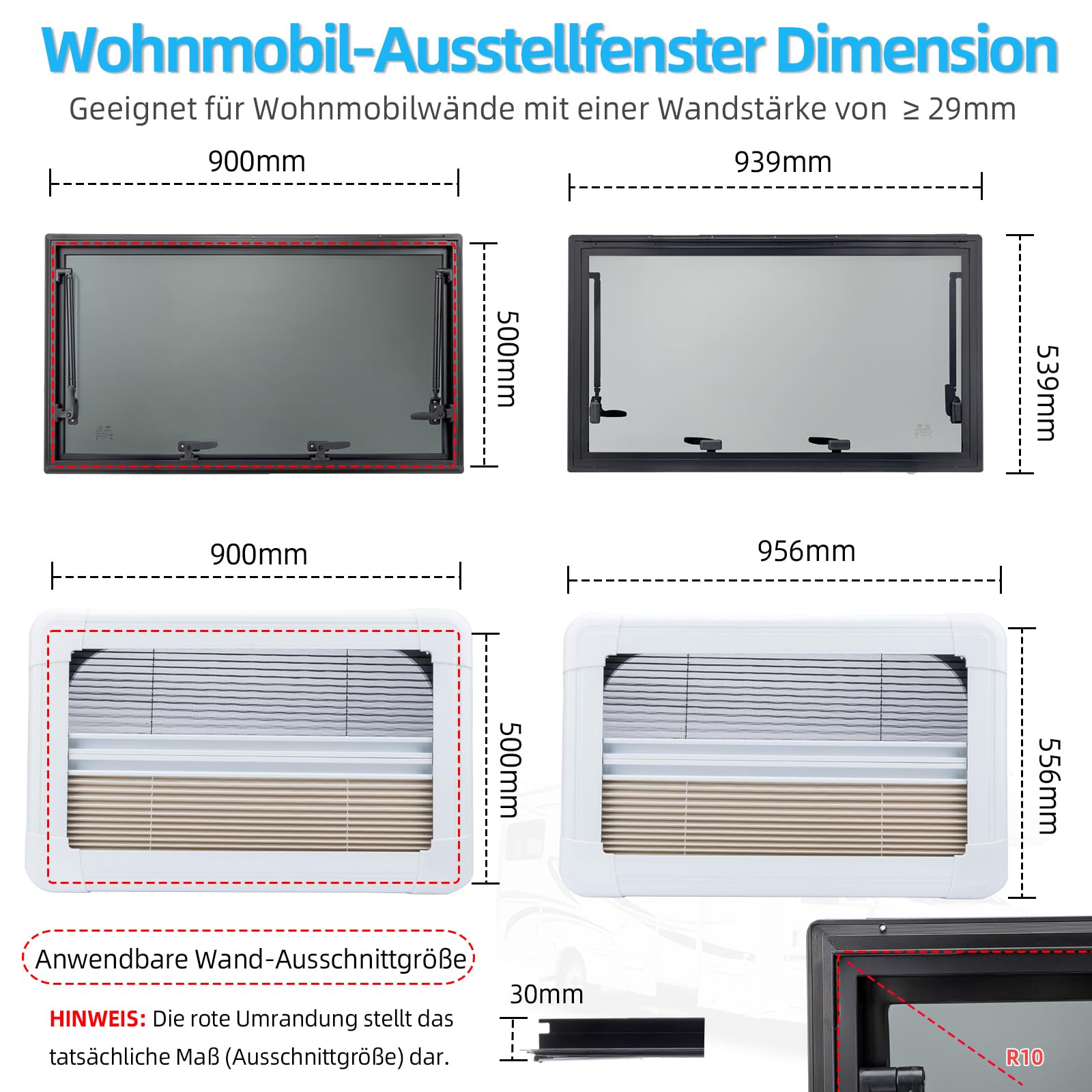 Ausstellfenster Camper 900x500mm, Wohnmobilfenster Seitenfenster mit integriertem Rollo & Fliegengitter, RV Push Fenster für Van, Camper & Wohnwagen Fenster
