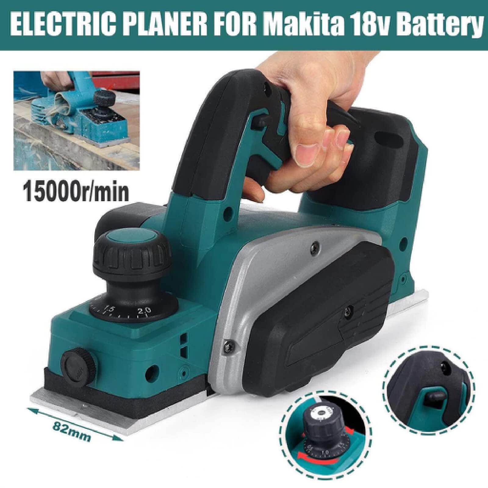 Cepillo Eléctrico para Madera, Cepillo para Madera Brushless y 2 Conbatería, Anchura de Cepillado: 82 mm, Profundidad de Cepillado: 0-2 mm, Herramienta de Chaflán para Carpintería
