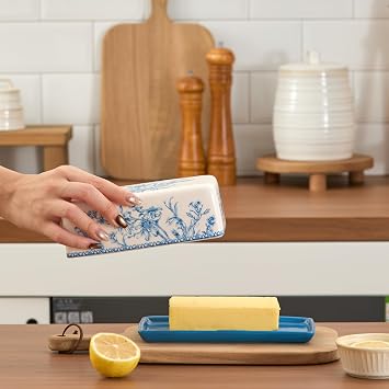 Bico Blue Garden Toile De Jouy Ceramic Butter Dish with Lid, Wide Butter Keeper for Counter, Kitchen Countertop, Microwave and Dishwasher Safe