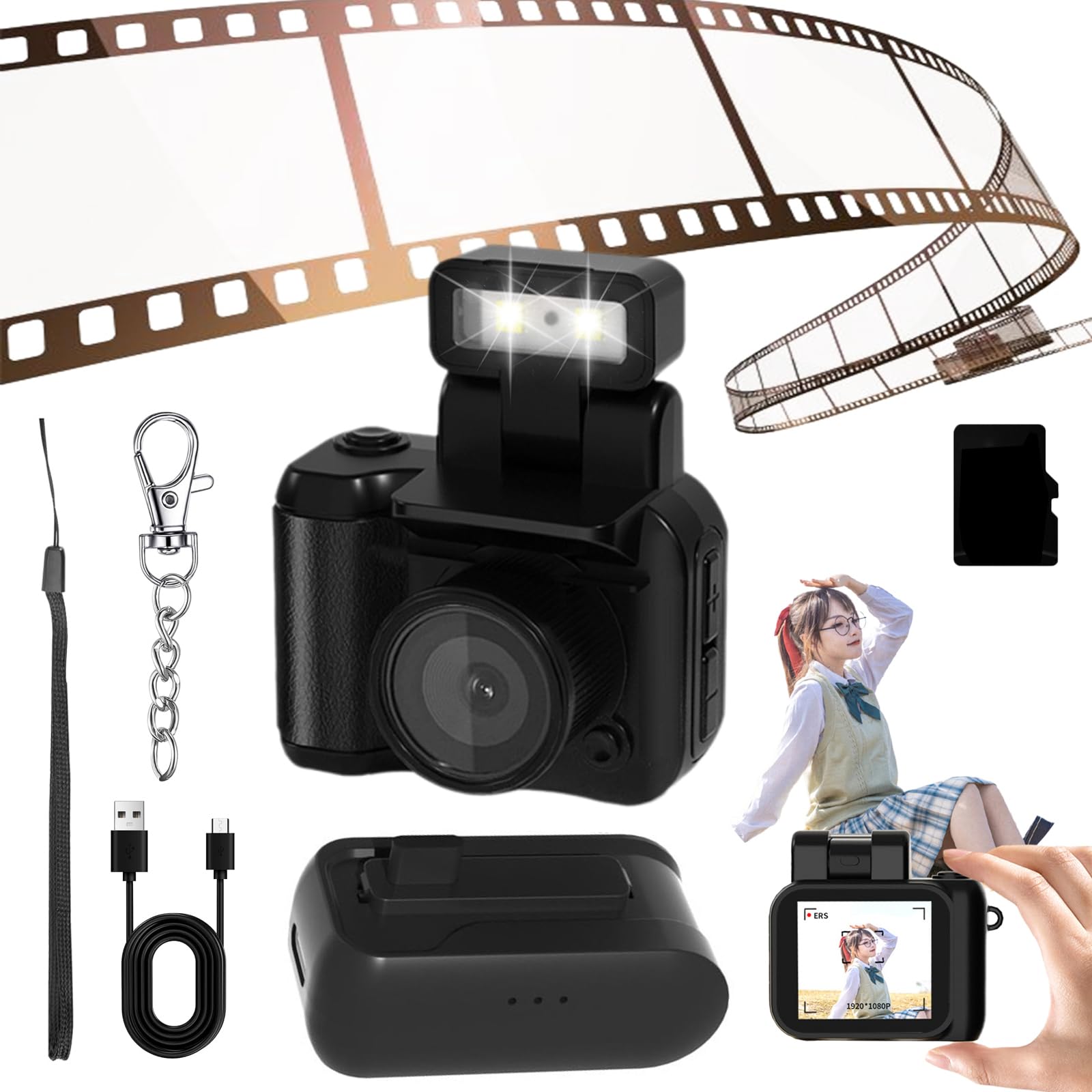 Tiny Nostalgic Camera, Miniretroflix - Nostalgic Camera with Battery Life, 1.44 Inch HD Screen, 1080p Video, 90° Flip Flash, 6 Filters, 0-Second Interval Recording for Recording Life (black-64g Card)