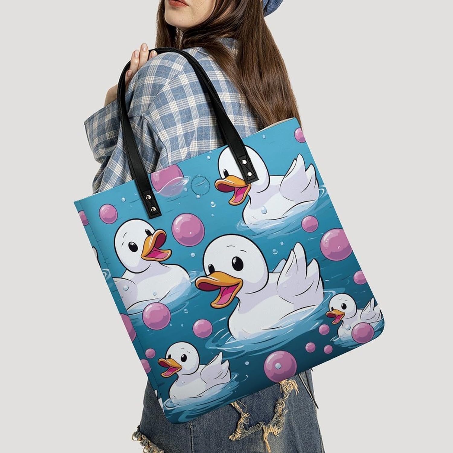 Bubbles And Duck Handbags Large Capacity, Tote Bag Stylish Slouchy, Shoulder Bags for Work Beach Travel And Shopping Grocery.