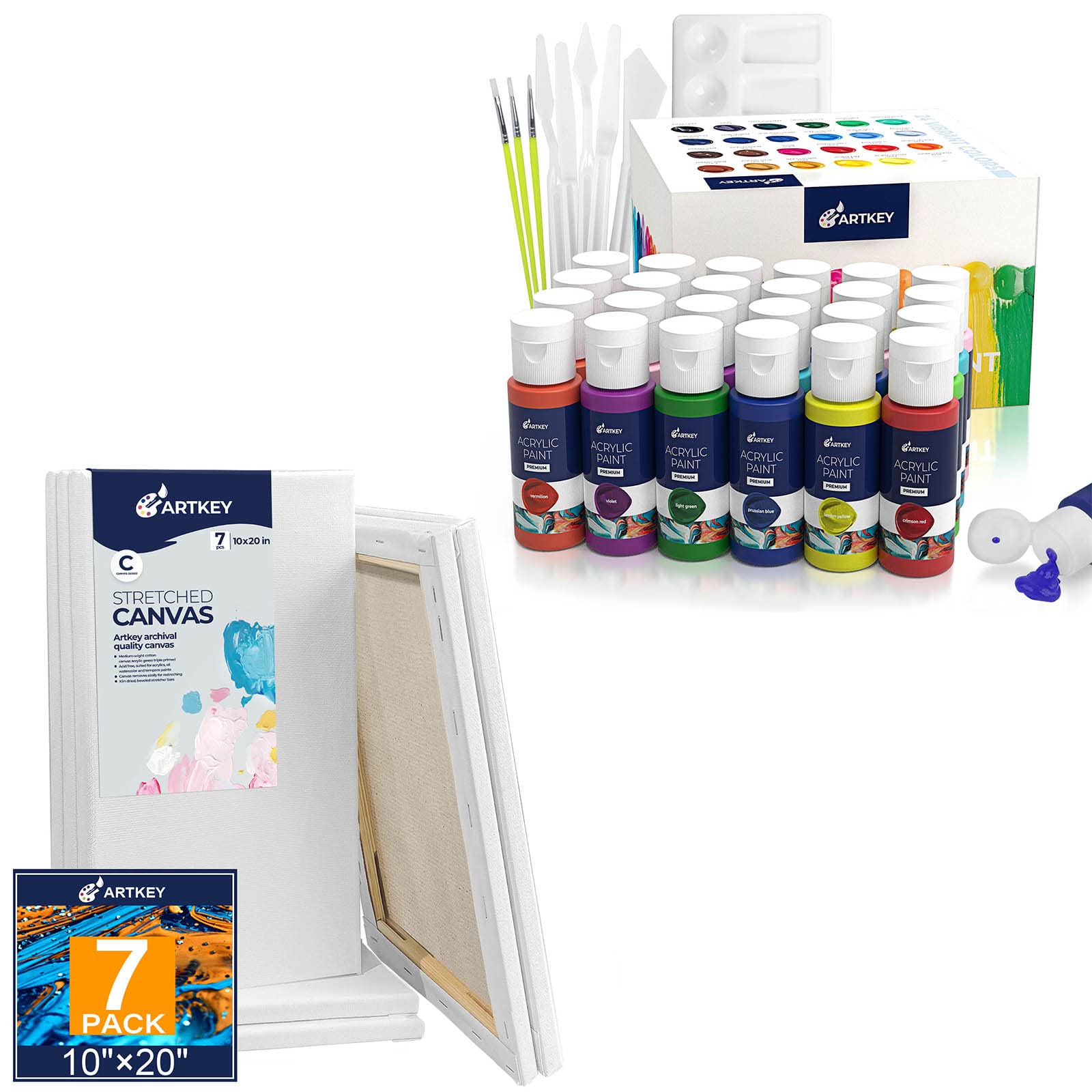 Stretched Canvases for Painting 10x20 Inch 7-Pack, Acrylic Paint Set 24 Colors 2oz/59ml
