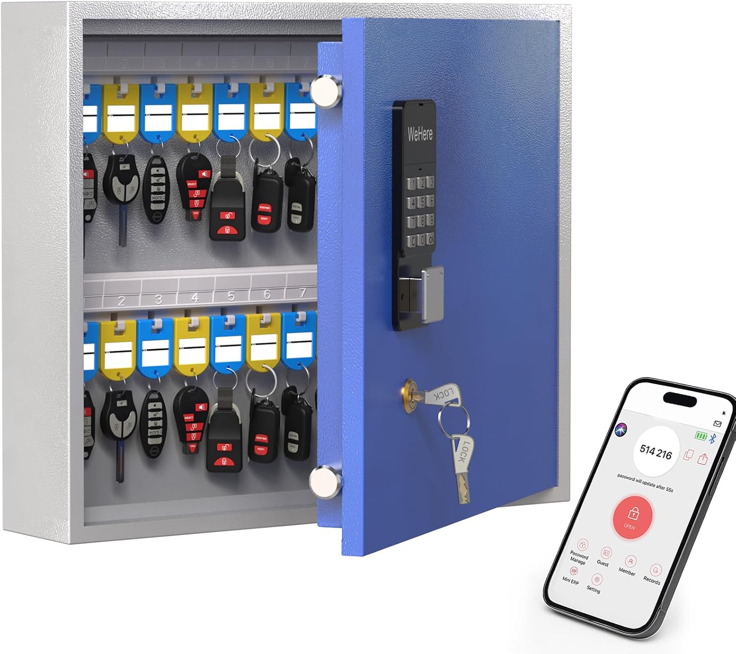 WeHere 40 Key Lock Box Wall Mount, Smart Key Cabinet, APP Bluetooth/One Time Password/Wi-Fi Remote/Fixed Code/Key Unlock, Key Organizer Box for Car Dealert, Hotel, Office, Real Estate,School