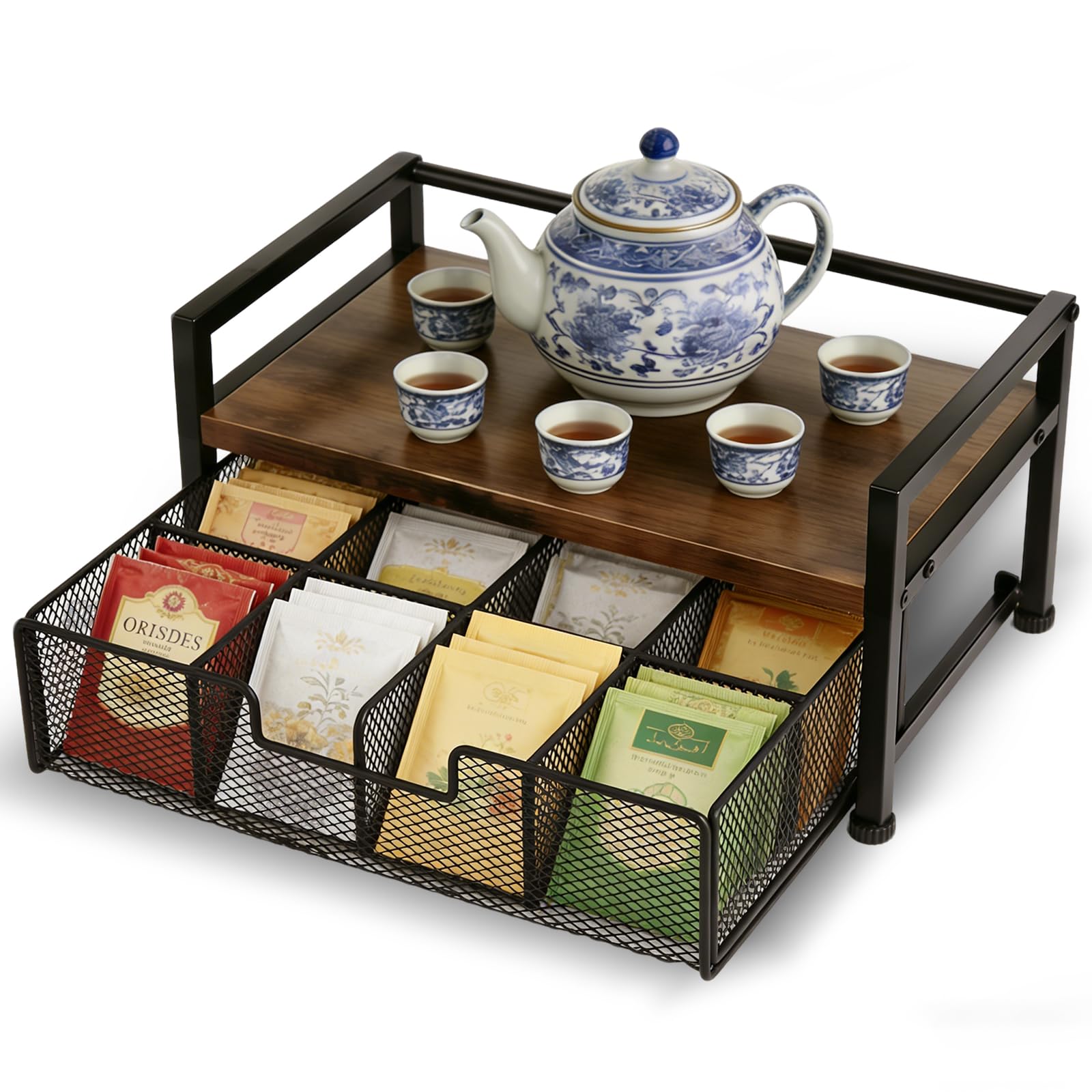 Cajón Porta Bolsitas de Té, Caja Infusiones de Madera con Cajón Metal, 33x20x15.8cm Organizador de Estación de Café y Té con 8 Compartimentos para Hogar, Oficina, Cocina
