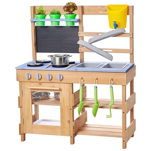 VEVOR Mud Kitchen, Outdoor Mud Kitchen for Kids, Wood Outdoor Play Kitchens with Stoves, Hooks, Sinks, Planting Shovels, Spatulas, Handle, Cookware