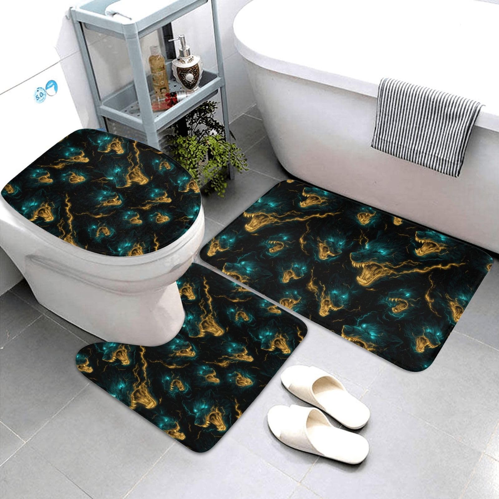 Tapis de salle de bain loup lot de 3 avec contour de toilette en U
