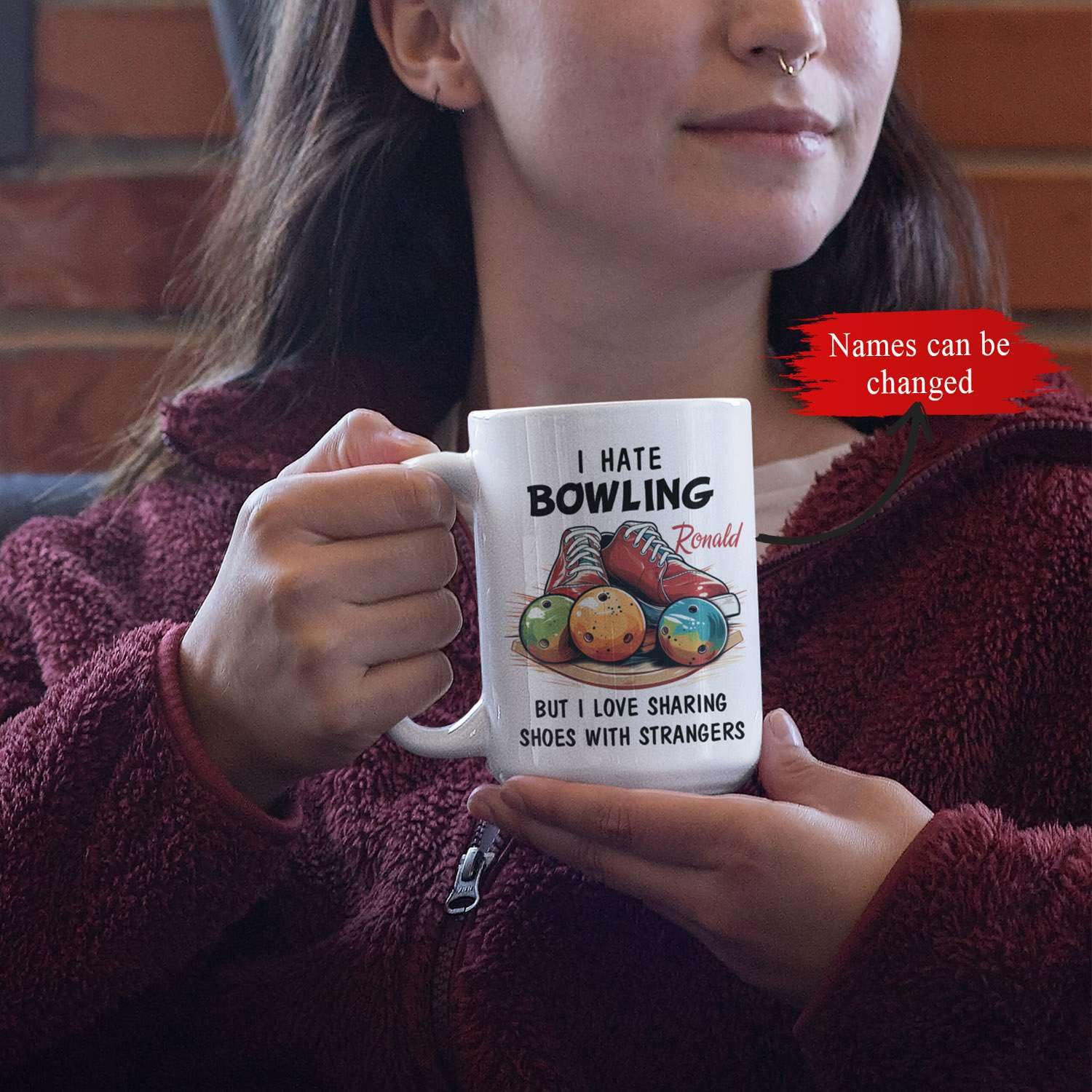 I Hate Bowling But I Love Sharing Shoes With Strangers Mugs, Personalized Name Bowling Player White Coffee Cup, Unique Custom Bowling Ball And Shoes Ceramic Cup, Bowling Mugs Gifts