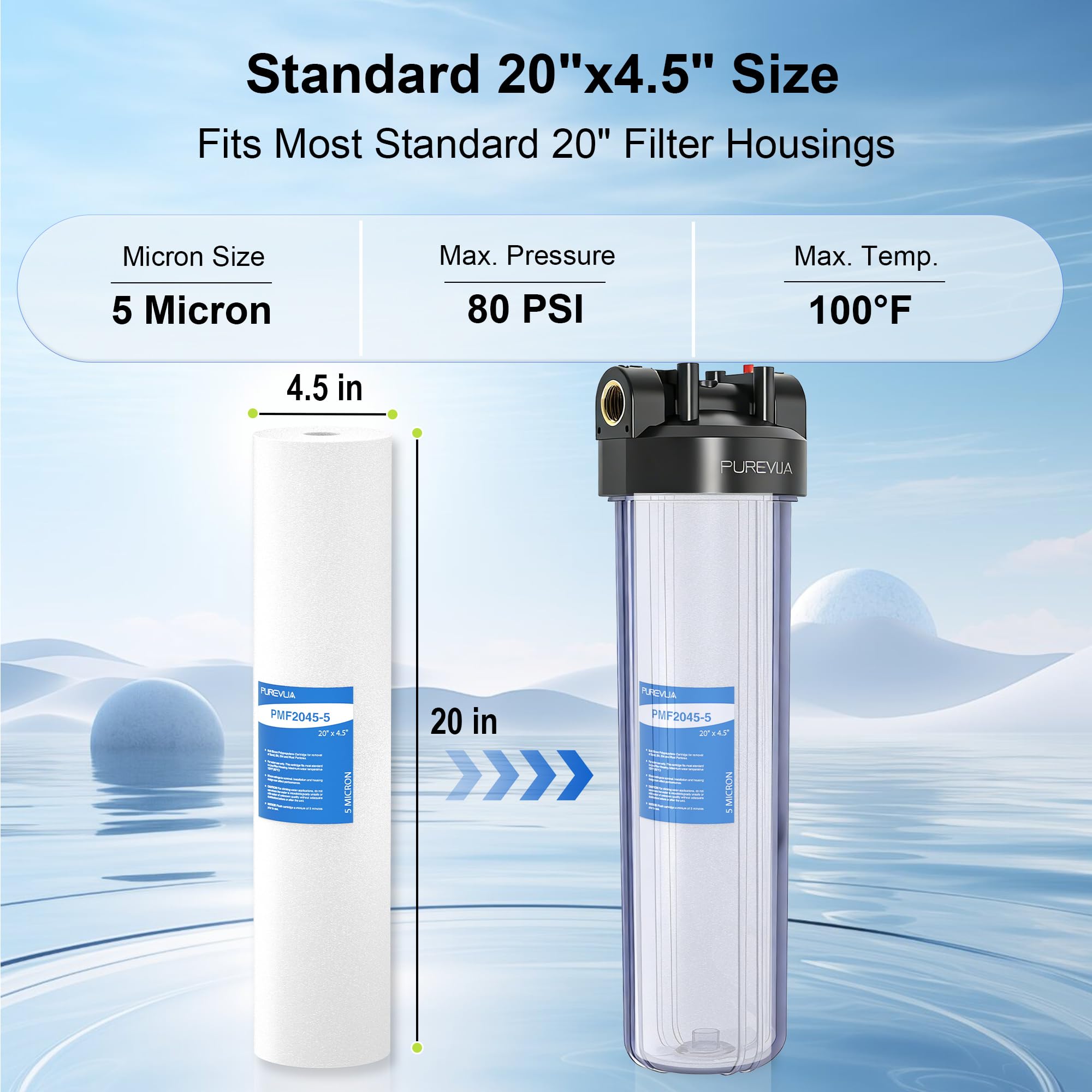 Filtro de sedimentos resistente de 20 x 4.5 pulgadas, cartucho de repuesto de filtro de agua de 5 micras para agua de pozo de sedimentos altos, compatible con cualquier carcasa grande