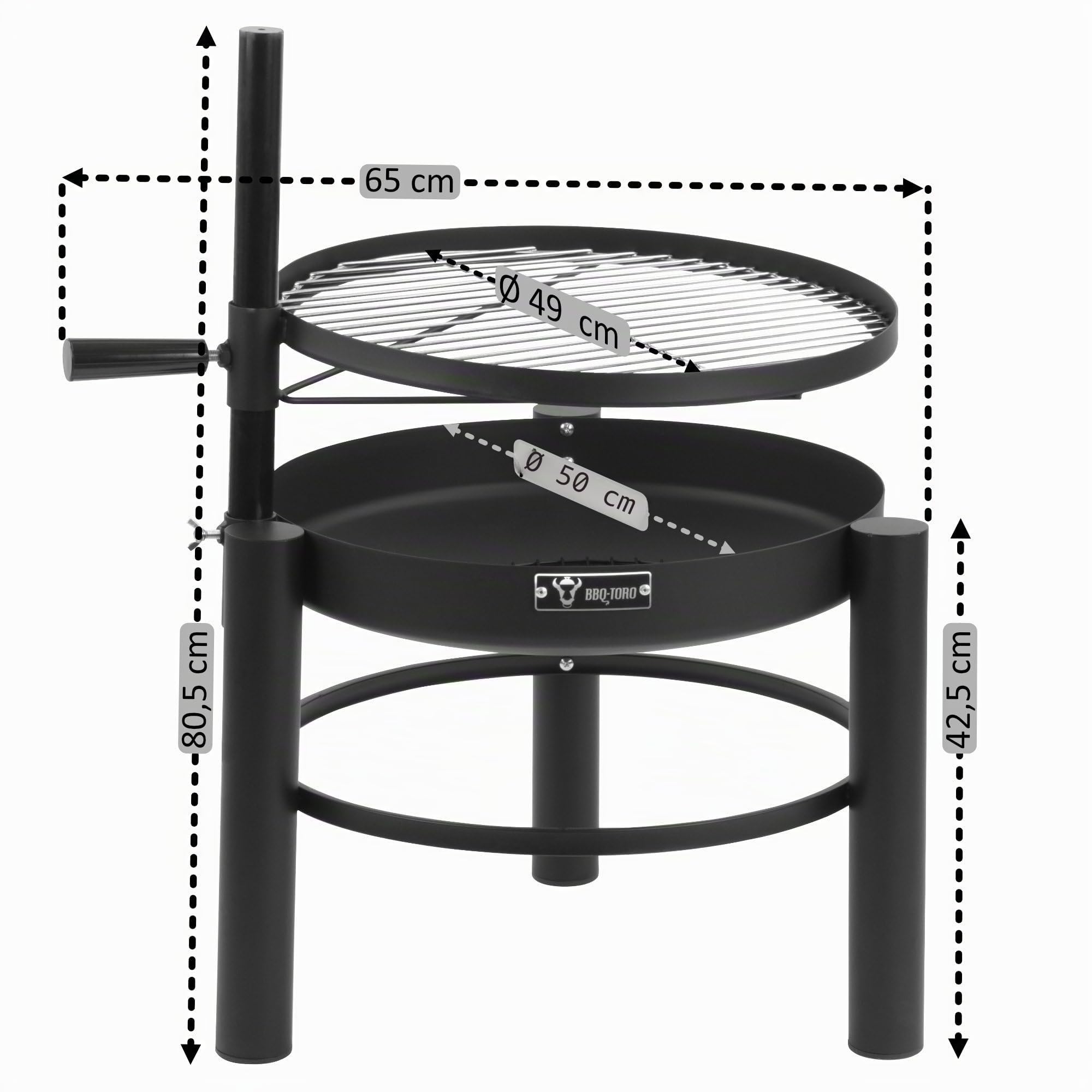 BBQ-Toro Brasero avec grille de cuisson Ø 50 cm | Grille de cuisson réglable en hauteur, panier à feu 2 en 1 | Brasero d'extérieur, brasero mobile, barbecue au charbon de bois, trépied, brasero