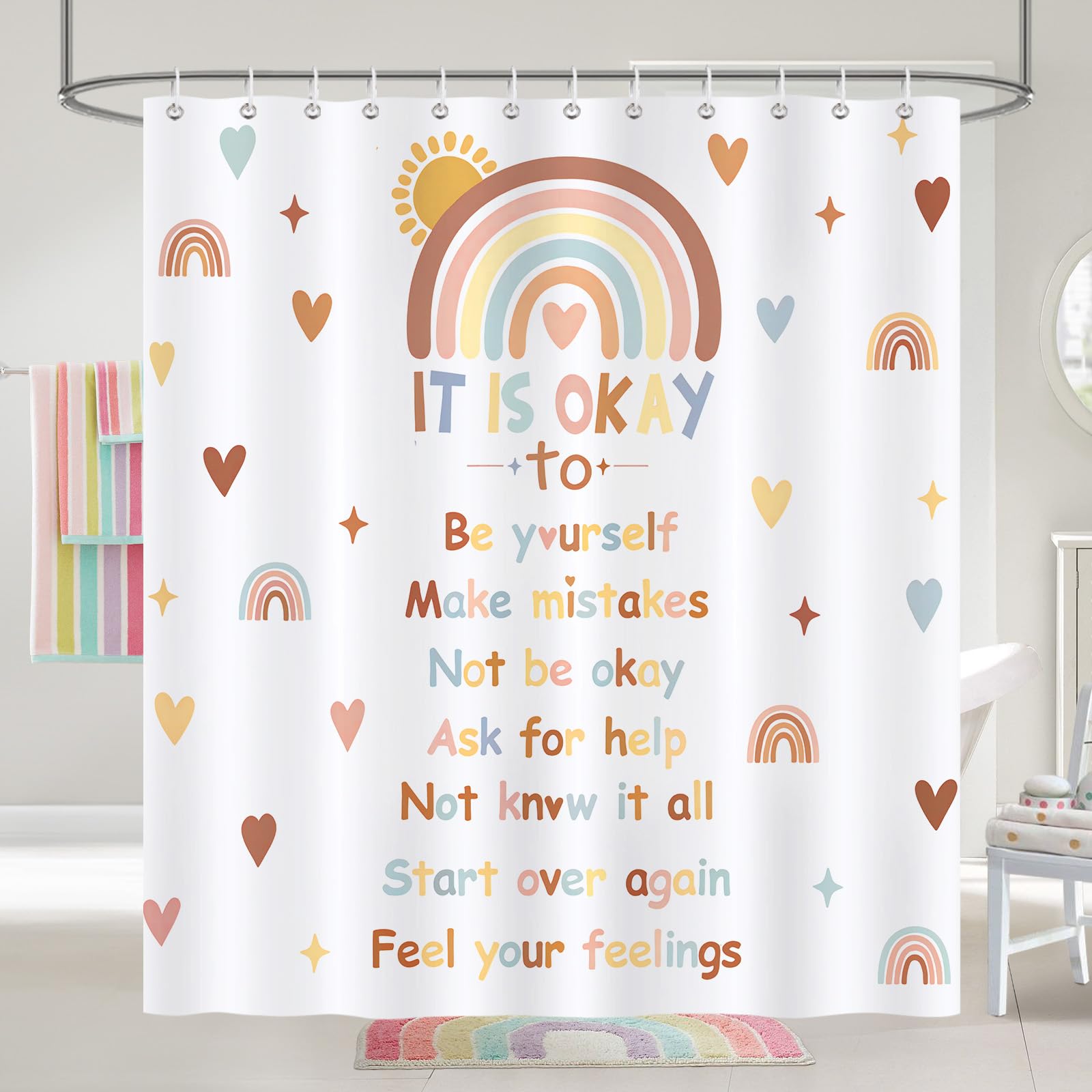 COZZSNUGE Kids Boho Rainbow Shower Curtain, Colorful Inspirational Positive Quotes Bathroom Curtain 180 x 180cm, Water Repellent Mildew Resistant Polyester with 12 Hooks