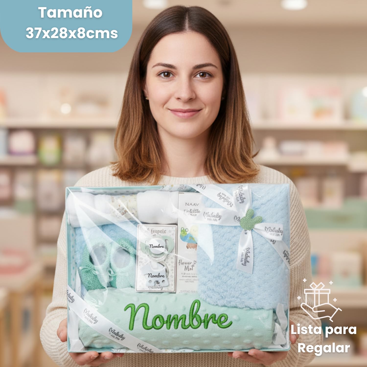 Canastilla Bebé Recién Nacido Burbujas con Manta | Manta muselina 80x100, rulo bordado, chupete y pinza con nombre, muselina 75x75, patucos y agua perfumada