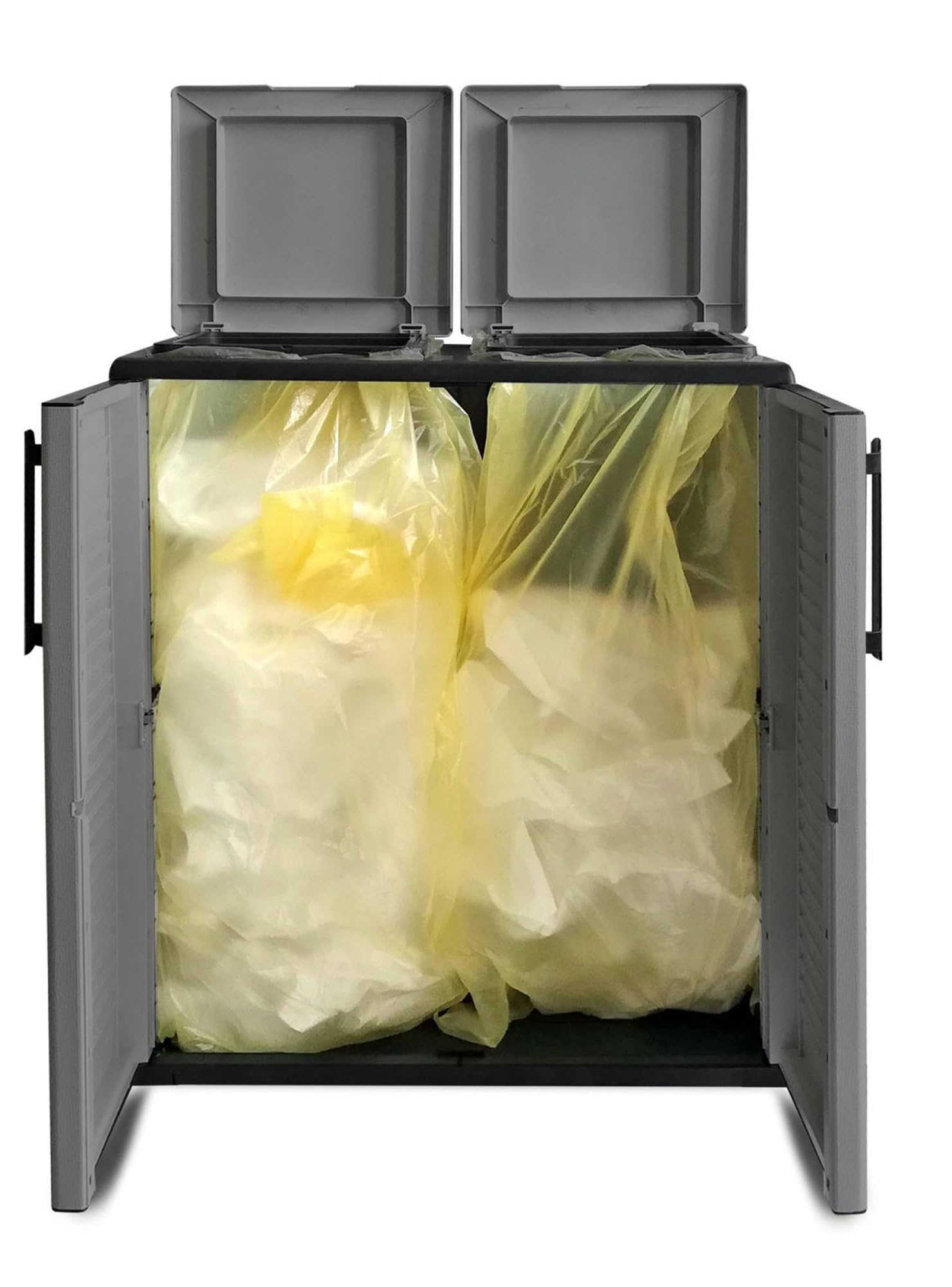 Dmora - Pattumiera Aarschot, Cestino portarifiuti, Bidone per raccolta differenziata 2 ante, 100% Made in Italy, 68x37h84 cm, Grigio e Nero, Finitura righe