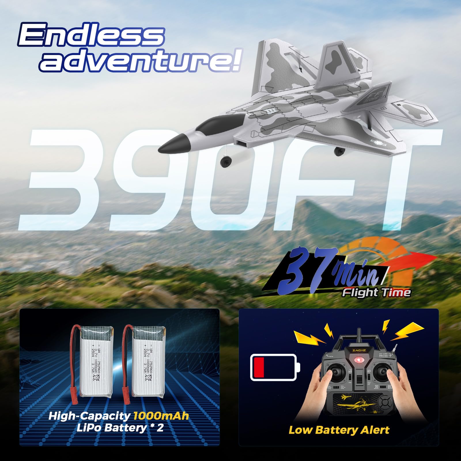 CKYSCHN Aereo radiocomandato F22 - Aereo da combattimento RC a 4 canali per principianti adulti con luci, 2,4 GHz 6 assi Gyro Stabilizzatore RTF RC Aircraft con 2 batterie