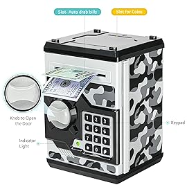 ATM Piggy Bank for Boys Girls, Vcertcpl Mini ATM Coin Bank Money Saving Box with Password, Kids Safe Money Jar for Adults with Auto Grab Bill Slot, Great Gift Toy Bank for Kids(Camouflage Gray)