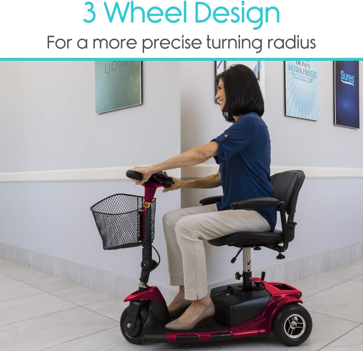 Vive 3-Wheel Mobility Scooter - Electric Powered Mobile Wheelchair Device for Adults - Folding, Collapsible and Compact for Travel - Long Range Power Extended Battery with Charger and Basket Included : Health & Household