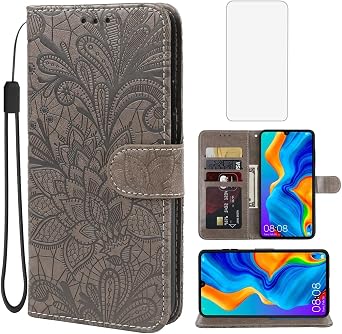 Case for Huawei P30 Lite Case/Nova 4E/Honor 20S MAR-LX1M Wallet Case with Tempered Glass Screen Protector, Lace Flower PU Leather Flip Credit Card Holder Phone Cover for Huawei P30 Lite Gray
