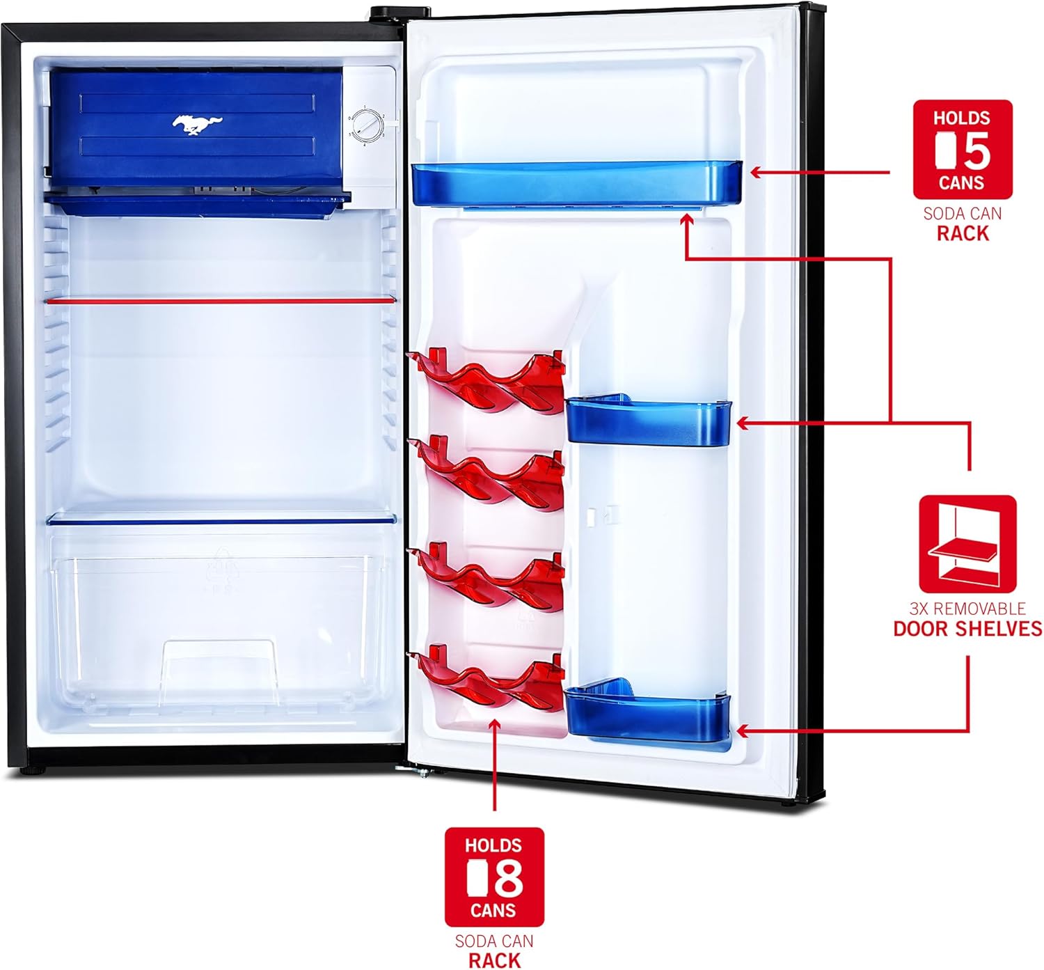 Ukonic Black Ford Mustang Compact Refrigerator, Large 91L, 3.2 cu. Ft. Shadow black