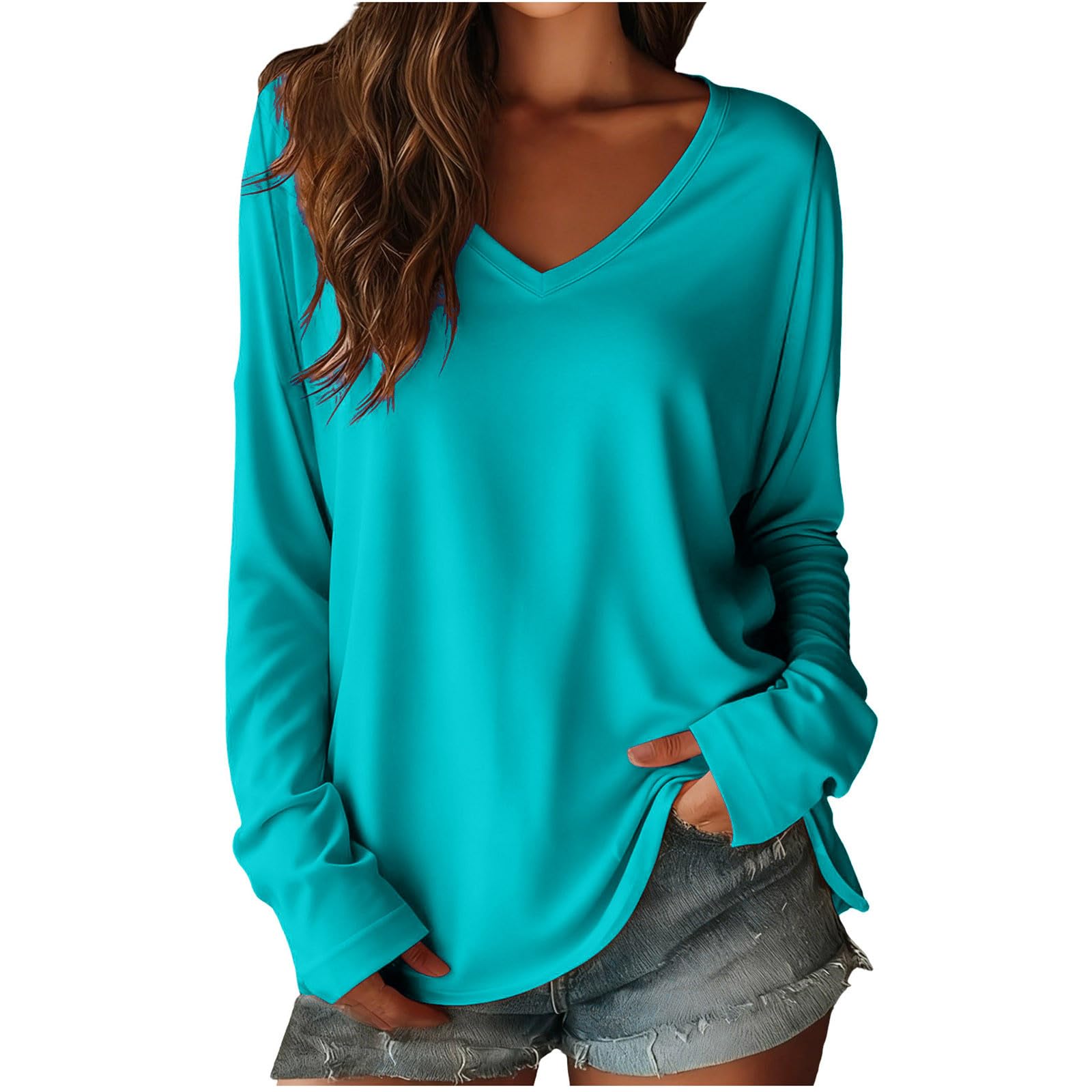 HUYTERTDR Women's T-Shirts Plain Long Sleeve V-Neck Tunic Tops Casual Lightweight Womens T Shirts Soft Pullover Ladies Oversized Tshirt Basic Jumpers Baggy Tees Sky Blue