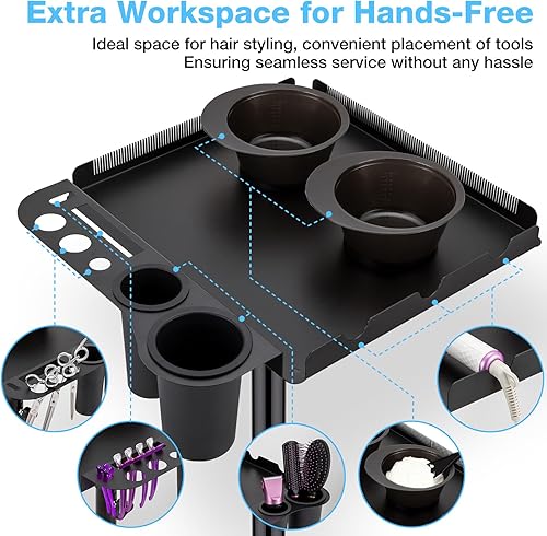 Miniatura 2 de Noverlife Rolling Salon - Bandeja para colorear de acero inoxidable, bandeja para colorear de 2 lados para pelucas, carrito con 2 cuencos para