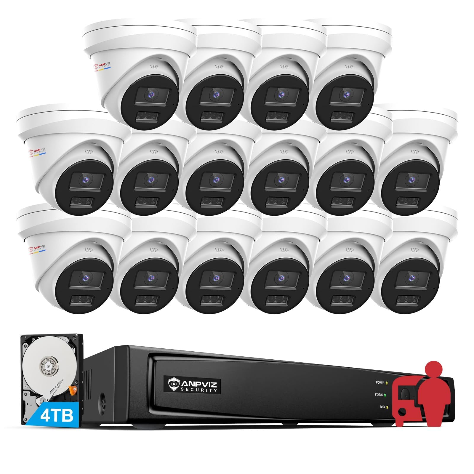 Anpviz 16CH 4K PoE Security Camera System Commercial, 16pcs H.265+ Wired 8MP IP Cameras Outdoor with Mic, Smart Color Night Vision, 12MP/8MP 16Channel