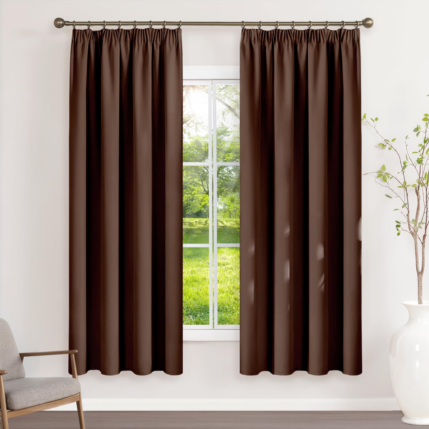 Rideau Occultant Thermiques Isolant 140x175(LxH) Lot de 2 avec Galon Fronceur Anti Froid et Chaleur, Rideaux Opaque Anti UV Décoration Intérieure Chambre Salon Braun
