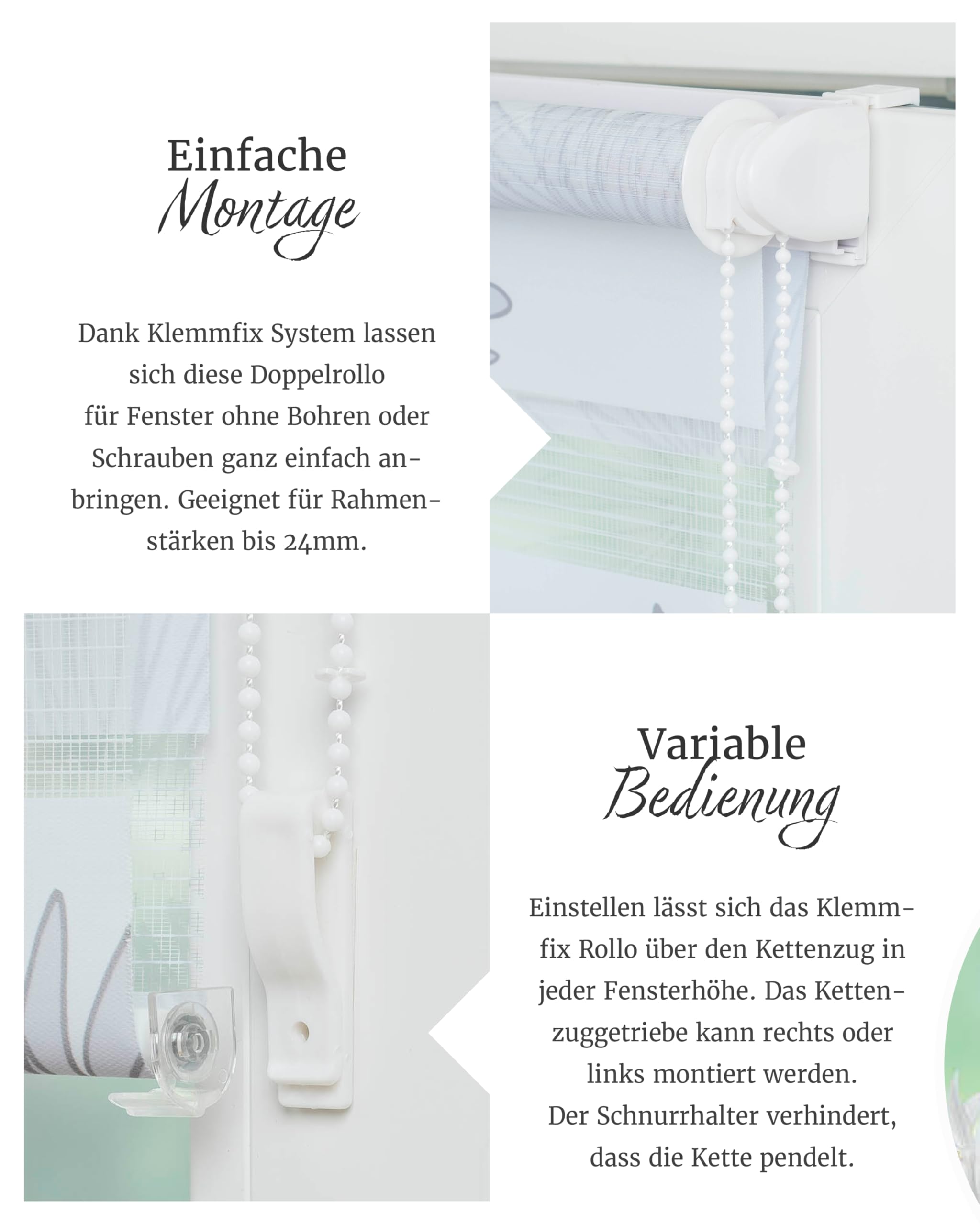 by Garesa Duo Rollo - Doppelrollo Klemmfix ohne Bohren 100 x 150 cm, Weiß/Grau Blüten Motiv - Fenster Sichtschutz und Lichtschutz, Mit Kettenzug